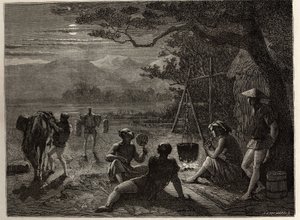 Escena de descanso en el campo, a la luz de la luna, se colocan esteras en el suelo después del día de trabajo. Grabado para ilustrar el viaje a Japón en 1863-1864, por Aime Humbert, ministro de la Confederación Suiza, en “Le tour du monde, nouveau journal de Unknown artist