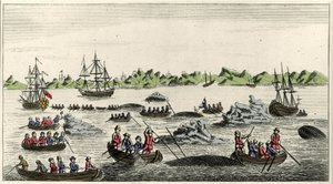 Escena de pesca de ballenas en Groenlandia en el siglo XVIII, impresión popular anónima de la época. de Unknown artist