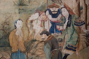 Escenas de la vida cotidiana en China (detalle del papel tapiz chino, gabinete chino, residencia de caza, por Filippo Juvarra, Stupinigi, Piamonte, Italia) de Unknown artist
