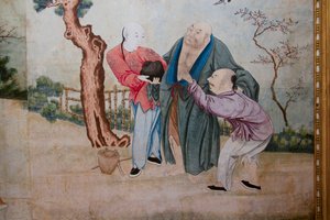 Escenas de la vida cotidiana en China (detalle del papel pintado chino, gabinete chino, residencia de caza, por Filippo Juvarra, 1678-1736, Stupinigi, Piamonte, Italia) de Unknown artist