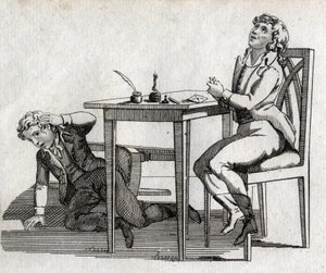 Escolares con una mesa con tintero. Grabado finales del siglo XVIII. Colección privada. de Unknown artist