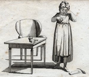 Escolar haciendo su tarea. Grabado finales del siglo XVIII. Colección privada. de Unknown artist