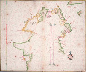 Carta marina de la costa norte de Irlanda, c.1600 (papel, lino) de Unknown artist