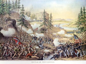 Guerra de Secesión (1861 - 1865) o Guerra Civil Americana: 24-25/11/1863: después de dos días de batalla en Chattanooga, Tennessee, victoria del Ejército del Norte comandado por el General Rosecrans. Grabado de Unknown artist