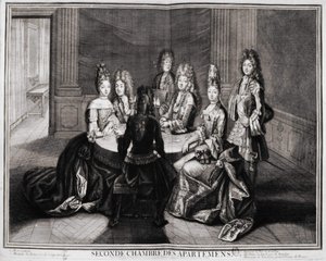 Segunda Sala de los Apartamentos (Versalles): 1. Monseñor, 2. Madame Princesa de Conty Viuda, 3. Monsieur el Duque de Borbón, 4. Madame la Duquesa de Borbón, 5. Monsieur de Vendôme, Gran Prior de Francia. Grabado de Trouvain, principios del siglo XVIII de Unknown artist