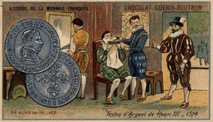 Serie Historia de la Moneda Francesa publicada por Chocolat Guérin Boutron. Cromolitografía del siglo XIX. Testón de plata de Enrique III. 1574 de Unknown artist