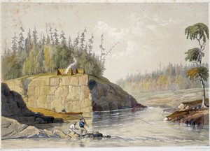 Colonos en Canadá pescando en un río - en "Sketches on the Nipisaguit a River of New Brunswick in America" de William Hickman, ed. Halifax