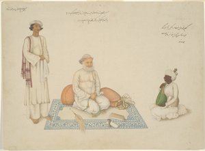 Shah Inayat Allah de Sind con su músico Makkhu y su ayudante Shaykh Qiyam al-Din, página del Álbum de Fraser.