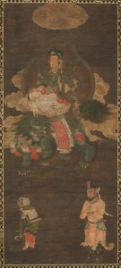 Tríada Shakyamuni: Buda asistido por Manjushri y Samantabhadra (Bodhisattva con León) de Unknown artist