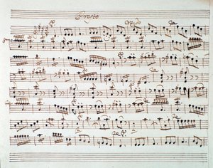 Página de partitura para el primer violín en la obertura de Mitrídates, rey del Ponto, ópera de Mozart (1770)