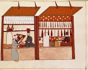 Tiendas en las calles de Constantinopla. Miniatura tomada de un manuscrito de Cicogna del siglo XIX (1828) después de un original del siglo XVII (1671) de Unknown artist