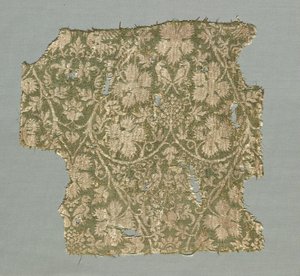 Silk fragment with scrolling vines, grape leaves, grapes and birds