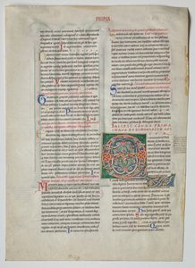 Hoja única de un Decretum de Graciano: Inicial decorada Q[uidam habens filium obtulit] y arcada cuádruple con concordancia de alfabetos griego y latino de Unknown artist