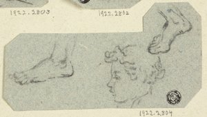Bocetos de cabeza de niño de perfil, pies de Unknown artist