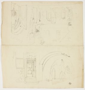 Bocetos de puerta, figuras, edificio con entrada lateral a la iglesia (anverso); boceto de aguja (reverso)
