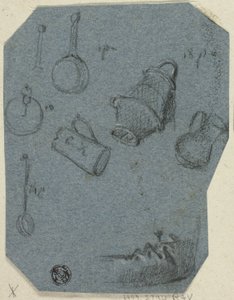 Bocetos de utensilios de cocina, brazo doblado (anverso); escena histórica (reverso) de Unknown artist