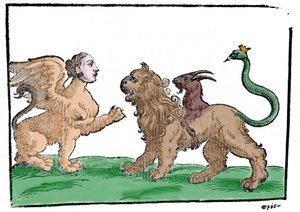 Esfinge contra Quimera después de Mythologiae sive explicationes fabularum de Natalis Comitis. Patavia 1637 de Unknown artist