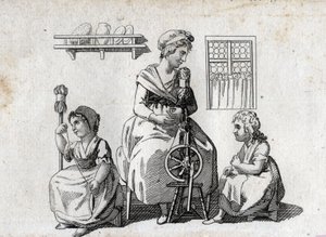 Hilado: madre e hijas hilando lana. La mujer usa una rueca y su hija usa un cardo. Grabado de finales del siglo XVIII. Colección privada. de Unknown artist