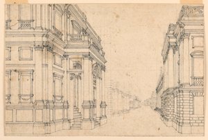Diseño de escenario: calle de la ciudad con palacios de Unknown artist