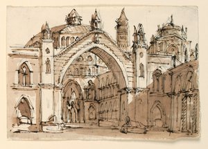 Diseño de escenario, exterior de iglesia gótica de Unknown artist