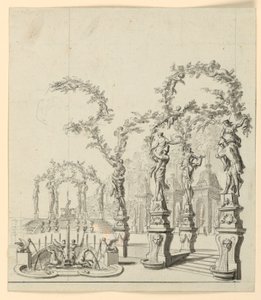 Diseño de escenario: Arquitectura de jardín con fuente y esculturas de Unknown artist