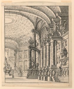 Diseño Escénico: Salón con Techo Artesonado y Urnas de Unknown artist