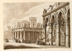 Diseño de escenario, plaza con edificio público de Unknown artist