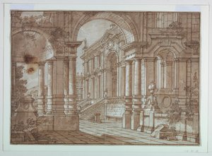 Diseño de escenario, vista de un palacio desde una terraza de Unknown artist