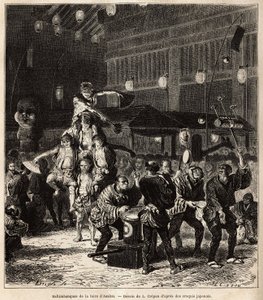 Saltimbanquis callejeros: malabaristas, equilibristas y acróbatas, en actuaciones nocturnas, en la Feria anual de Asaksa, Templo de Tokio. Grabado para ilustrar el viaje a Japón, por Aime Humbert, ministro de la Confederación Suiza, en 1863-1864, publicado de Unknown artist