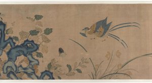Tapiz de flores, una roca, pájaros y mariposas de Unknown artist