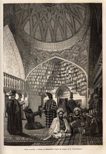 Tártaros en oración, en la Mezquita de Schusha (Transcaucasia, Rusia). Grabado para ilustrar el viaje en las provincias del Cáucaso, por Basile Vereschaguine, en 1864-1865, publicado en 
