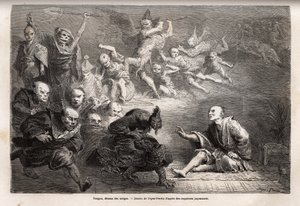 Tengu o demonio de los sueños, dios menor del folclore japonés, zoomorfo, toma la forma de un cuervo, dotado de poderes mágicos, es un tema popular en el arte, teatro y literatura en Japón. Grabado para ilustrar el viaje a Japón en 1863-1864, por Aime de Unknown artist