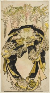 Los actores Sanjo Kantaro (derecha) y Fujimura Handayu (izquierda) como músicos tocando bajo glicinas de Unknown artist