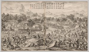 The Battle at Elei Zhalatu: from Battle Scenes of the Quelling of Rebellions in the Western Regions, with Imperial Poems de Unknown artist
