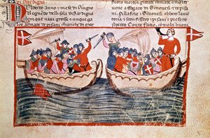 La Batalla de Meloria que culmina en la ocupación de Córcega por Génova. 1284. Manuscrito. Biblioteca Vaticana de Unknown artist