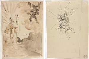El obispo y el demonio (recto); Tres demonios sosteniendo a un caballero (verso) de Unknown artist