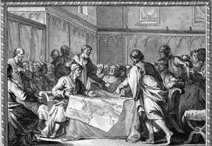 El Imperio Carolingio fue dividido entre los tres hijos de Luis el Piadoso: Lotario I, Luis el Germánico y Carlos el Calvo, según el Tratado de Verdún (843). Grabado del siglo XVIII.