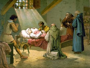 La muerte de Cristóbal Colón 20/05/1506. Grabado en color del siglo XIX. de Unknown artist