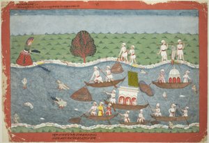 El demonio Sambar arroja al niño Pradyumna al río, página de un manuscrito disperso del Bhagavata Purana
