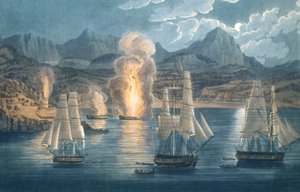 Los ingleses destruyen barcos franceses en la bahía de Sagone, Córcega, el 30 de abril de 1811 (aguatinta coloreada) de Unknown artist