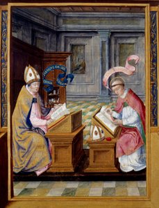 El obispo de Jerusalén San Cirilo y San Agustín (miniatura en pergamino del siglo XVI)