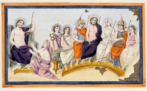 Los dioses del Olimpo y a la izquierda Tetis, madre de Aquiles, se arrodilla ante Zeus (Júpiter) para suplicarle que ayude a su hijo contra Agamenón y apoye a los troyanos. La Ilíada, Canto I, Grabado de finales del siglo XVIII. de Unknown artist