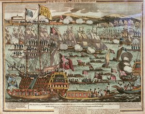 La Gran Revista Naval. Esta Gran Revista de la Armada Británica tuvo lugar en Portsmouth los días 24 y 25 de junio de 1814 en presencia del Príncipe Regente y sus Visitantes Reales, c. 1814 (grabado coloreado).