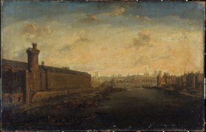 La Gran Galería del Louvre, con la Porte Neuve, el Pont-Neuf, la Cité, la Tour de Nesle y el Quai Malaquais, hacia 1640, actuales distritos 1 y 6, entre 1635 y 1645 (óleo sobre lienzo). de Unknown artist