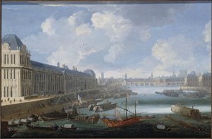 La Grande Galerie del Louvre, el Pont-Neuf, la Cité, el Collège des Quatres-Nations, hacia 1670 En el Sena, la galera real, entre 1670 y 1685 (óleo sobre madera) de Unknown artist
