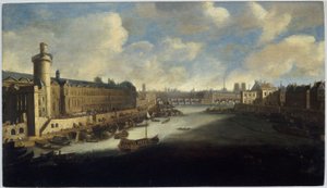 La Gran Galería del Louvre, con la Porte Neuve, el Pont-Neuf, la Cité, el Collège des Quatres-Nations en construcción y el Quai Malaquais, hacia 1665. En el Sena, la galera real, entre 1660 y 1670 (óleo sobre madera) de Unknown artist