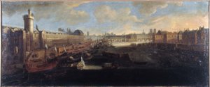 La Grande Galerie del Louvre, con la Porte Neuve, el Pont-Neuf, la Cité, el Collège des Quatres-Nations en construcción y el Quai Malaquais, hacia 1665, en el Sena la galera real, actuales distritos 1 y 6, entre 1660 y