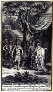 Los griegos, asombrados por su derrota, envían a Ulises, Áyax y Fénix a Aquiles para rogarle que regrese al campamento. Este príncipe rechaza orgullosamente sus súplicas y luego los envía de vuelta. Ilustración del libro IX de la Ilíada de Homero, edición  de Unknown artist