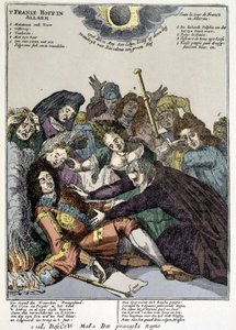 El rey desmayado y los cortesanos lo rodean, llorando: burla sobre las solapas de Luis XIV en los Países Bajos e Italia en 1706 de Unknown artist