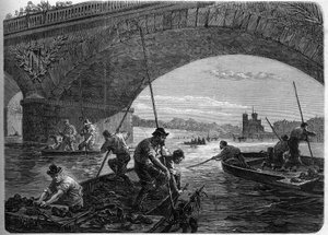 La Comuna de París en 1871. Pesca de armas arrojadas al Sena bajo el puente de Austerlitz por los federados (comuneros) en el momento del debate final de la comuna.